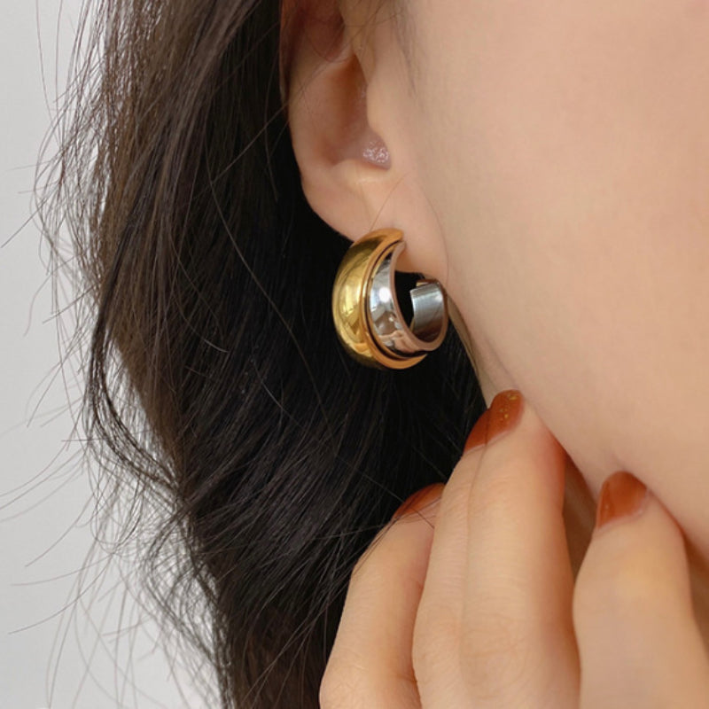 Wholesale Dual Color Overlapping Splicing Double Ring Gold-plated Earrings
